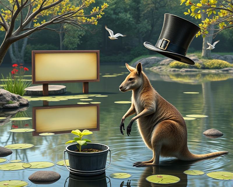 top hat, pond, kangaroo, bucket, billboard